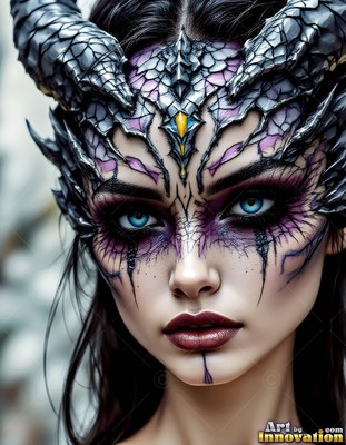 Facing forward outdoors, a woman with dark horns wears dragon scales on her face