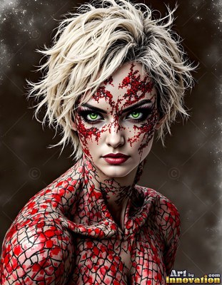 A blonde woman with green eyes has cracked red dragon scales over her skin