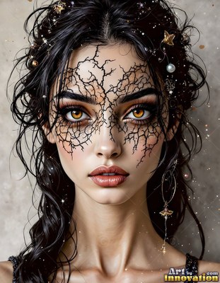 Against a gray wall, a young dark-haired woman has black vein patterns across her face