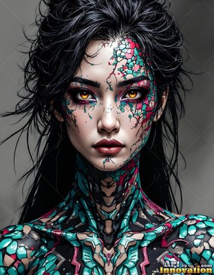 Staring forward, a dark-haired woman with gold eyes wears teal scales across her face and neck