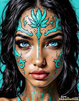 Close-up of a woman with bright blue face paint and blue eyes