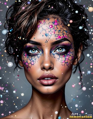 Pink and blue scale patterns cover the face of a woman surrounded by floating pastel beads