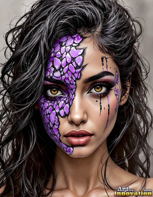 A woman stares forward with purple scales covering half her face in soft light