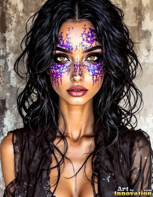 Facing forward against a stone wall, a woman has purple face paint and dark hair