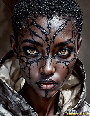 A woman with amber eyes has dark raised veins spreading across her face