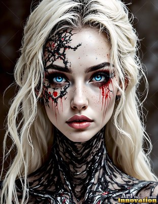 In dim light, a blonde woman has black cracked marks and red paint on her face