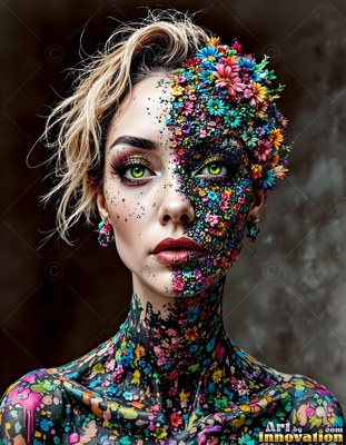 Staring forward, a green-eyed woman has tiny colorful flowers covering half her face