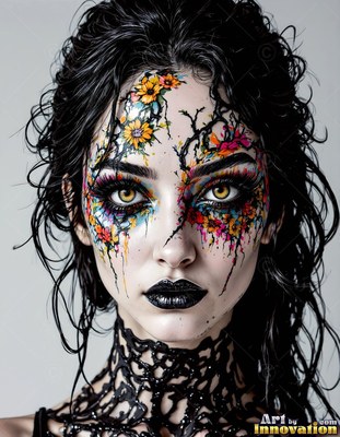 A woman with wet black hair and colorful floral face paint