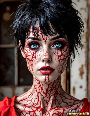 Dark veins pattern the pale skin of a short-haired woman in a ruined room indoors