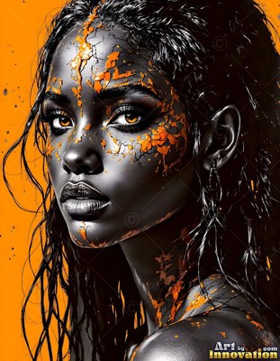 A black-skinned woman stares forward with cracked orange paint over her face