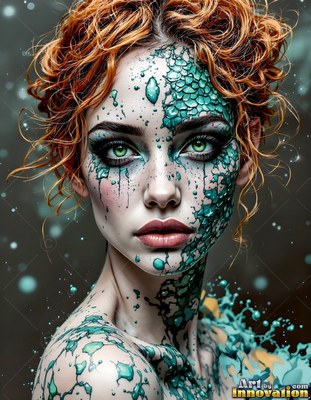 Facing forward in the dark, a woman has green dragon scales covering her pale skin