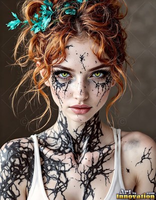 A red-haired woman with yellow eyes has black root patterns on her skin