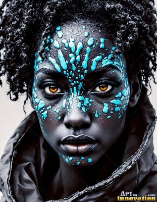 Against a pale backdrop, a woman wears turquoise paint across her face