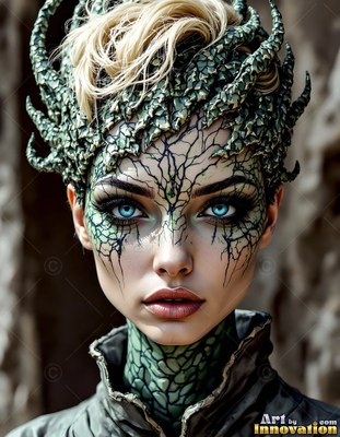 Staring forward, a blond woman wears green dragon scales over her skin and head