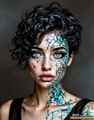 Woman with short curly hair and turquoise scales on her face