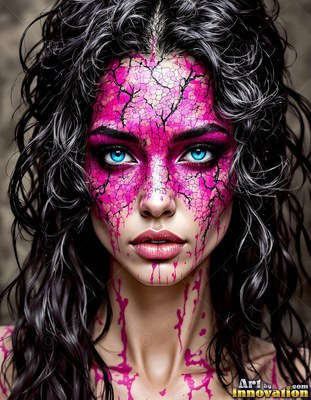 Cracked pink skin marks a dark-haired woman looking forward against a gray wall