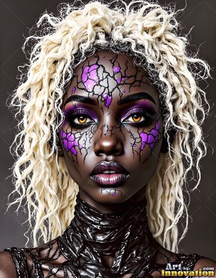 A woman with blond curls looks forward with purple cracked patterns on her dark skin
