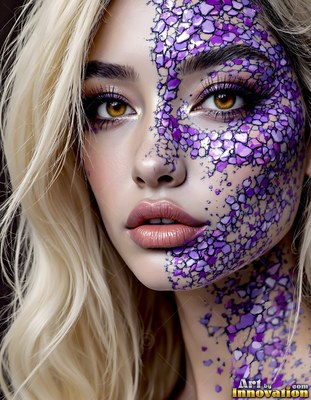 Close-up portrait of a blonde woman indoors with purple scales on her face and neck