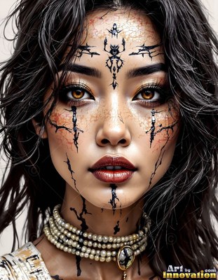 A woman with dark hair wearing pearl necklaces and black markings on her face