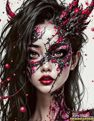 Against a white backdrop, a dark-haired woman wears black and pink splattered horns