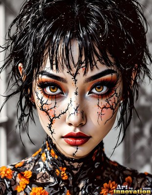Staring forward, a woman with wet black hair wears dark branch marks on her face