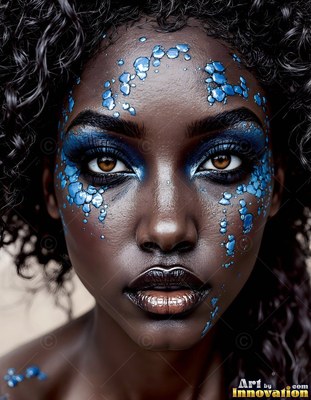 A woman with blue scales on her face and dark curly hair