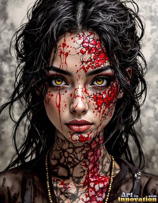 Red scales pattern the face of a dark-haired woman before a gray stone wall