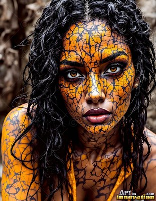 A woman stares forward with bright yellow and black cracked patterns on her skin