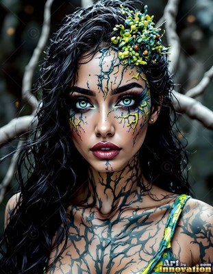 Facing forward in dark woods, a woman wears branch markings on her skin