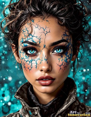 A woman with bright blue eyes has cracked teal patterns across her face