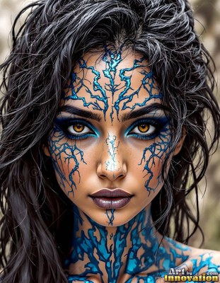 In soft light, a woman with dark hair looks ahead with blue patterns on her face