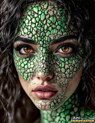 Staring forward, a woman wears green scales across her face and neck