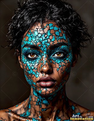 A woman with short dark hair and cracked blue face paint