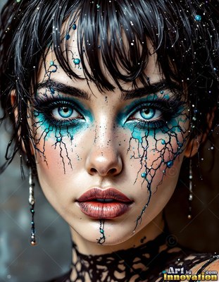 Blue crackled makeup spreads across a woman with wet black hair before a blurry background