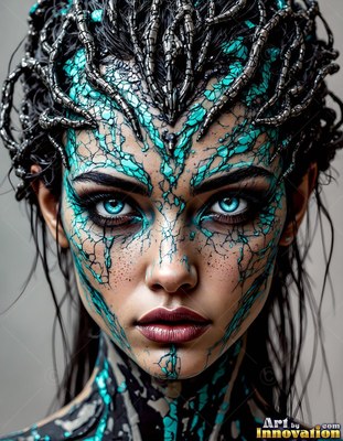 A woman stares forward with cracked turquoise scales across her face and dark hair