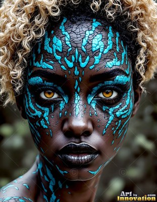 Facing forward outdoors, a woman has cracked blue patterns across her face