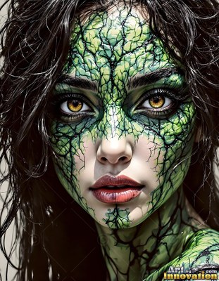 A woman with dark wet hair and green scaly skin covers her face