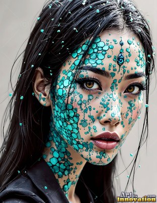 Against a plain gray wall, a dark-haired woman has teal scales dotted across her face