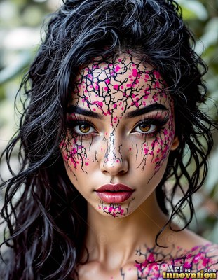 Staring forward, a dark-haired woman wears pink and black patterns on her face