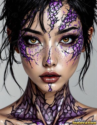 Woman with black hair and purple dragon scales on her face