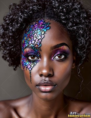 Colorful dragon scales cover one side of a Black woman's face against a gray backdrop