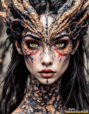 A woman stares forward with horned scales on her head, bright yellow eyes shining against soft gray light