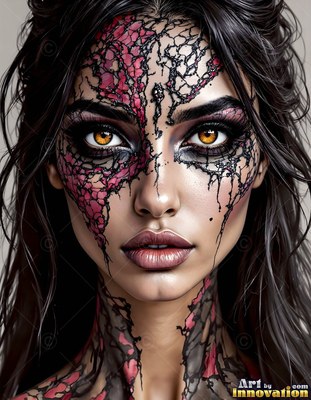 Facing forward indoors, a woman has black and pink scales on her face