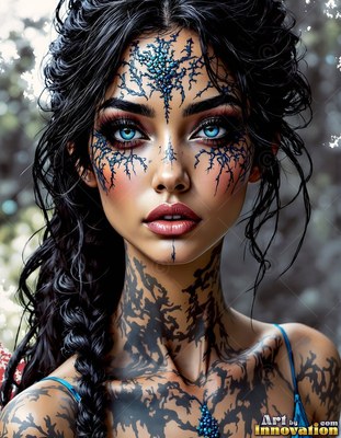 A woman with blue eyes has dark branch-like markings on her face and neck