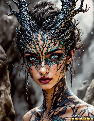 In a rocky place, a woman with blue eyes wears dark horns and teal face markings