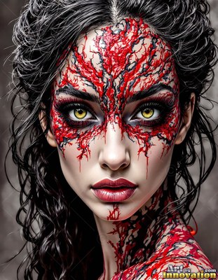 Staring ahead, a woman with yellow eyes wears textured red patterns on her face