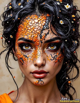 Woman with orange scales on her face and dark hair with small flowers