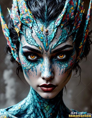 Turquoise dragon scales frame the face of a woman with amber eyes against a gray backdrop