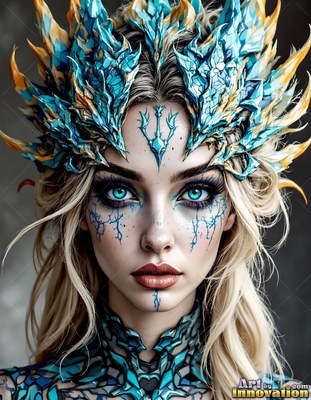 A blonde woman stares forward wearing a spiky blue and yellow crown under soft gray light