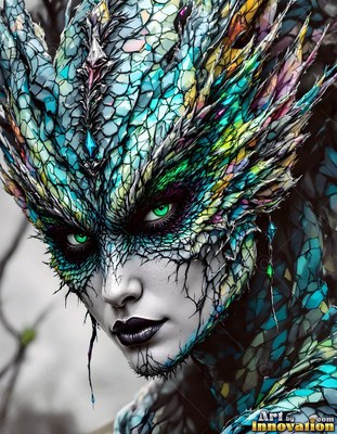 Close-up portrait of a woman covered in cracked green scales outside in the cold